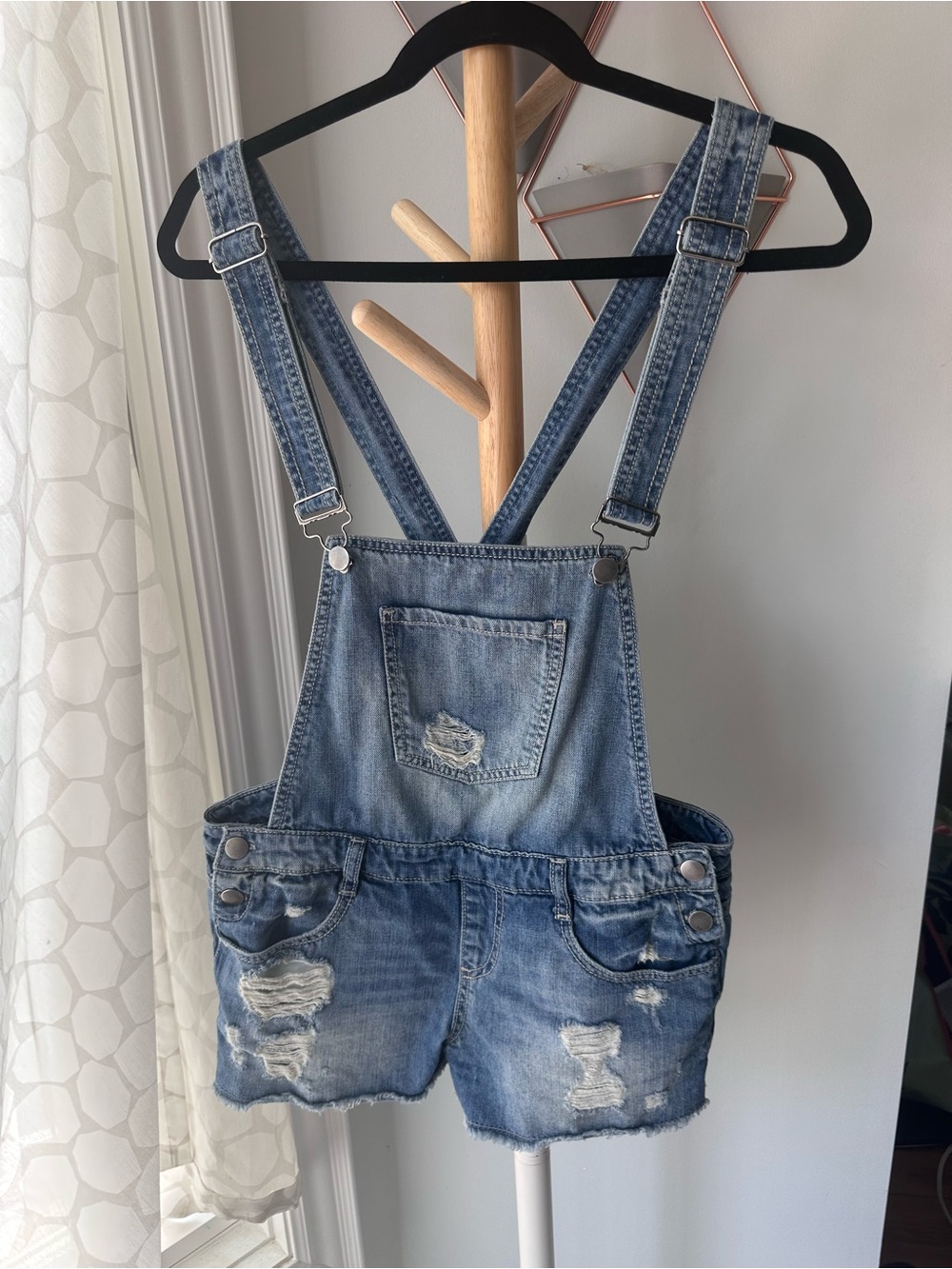 2.1 DENIM Light Blue Jean Washed Distressed Short Overalls Shortalls Size 28